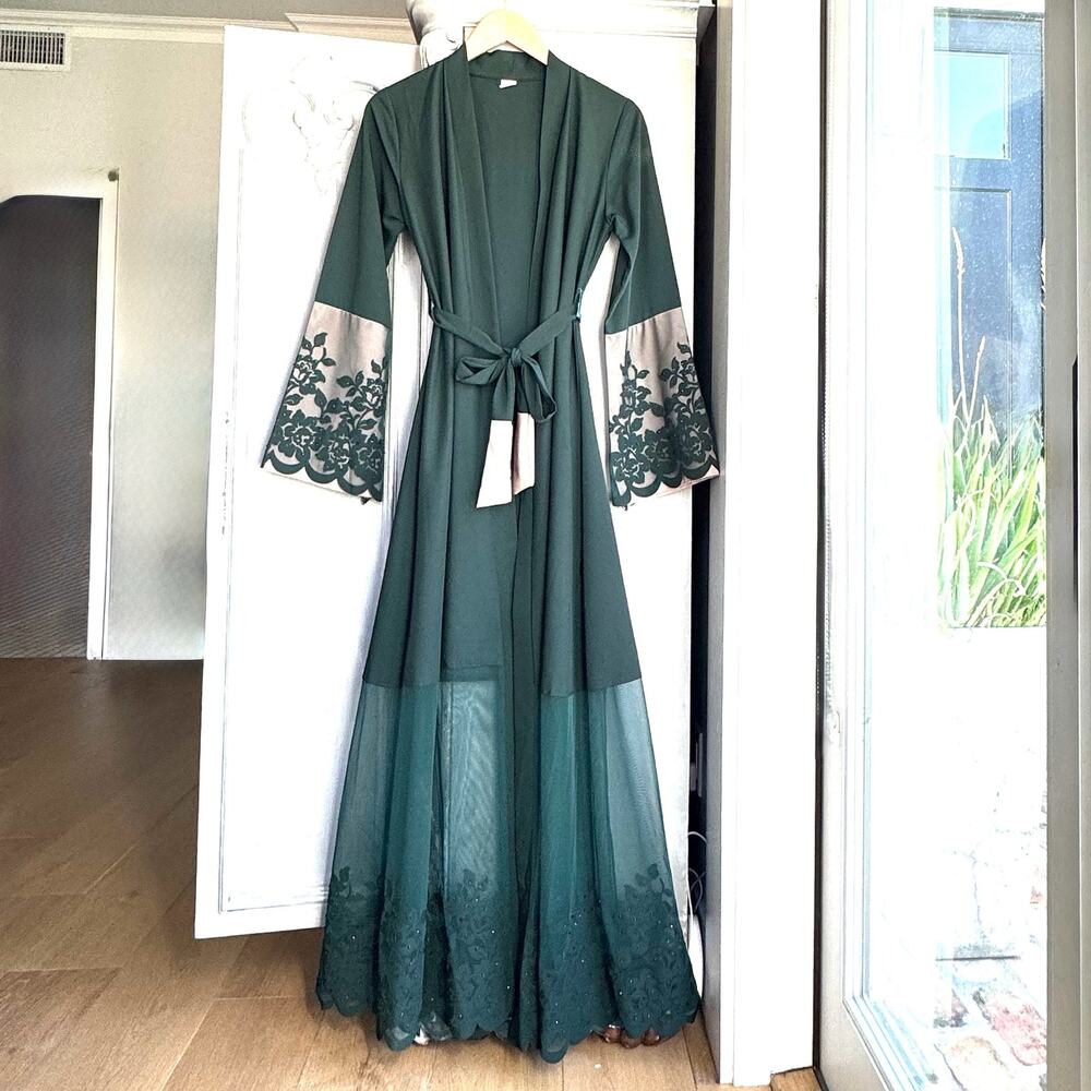 Emerald Green Lace Trim Maxi Robe Small | Sheer Hem Tie Waist Duster